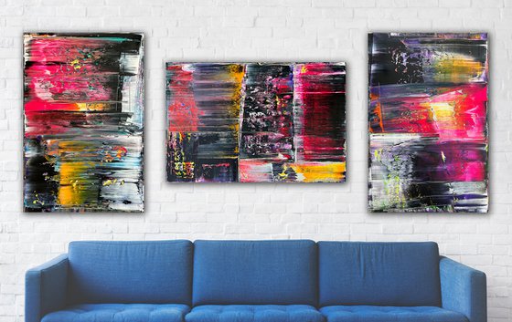 "Ensemble" - Save As A Series - Original PMS Abstract Acrylic Painting Triptych On Canvas - 84" x 36"