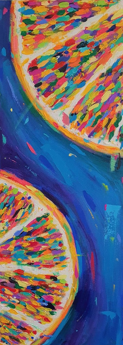 Impressionistic Still Life Acrylic Painting By Dawn Underwood, 12 X 31, Lemon Slices, Original Artwork