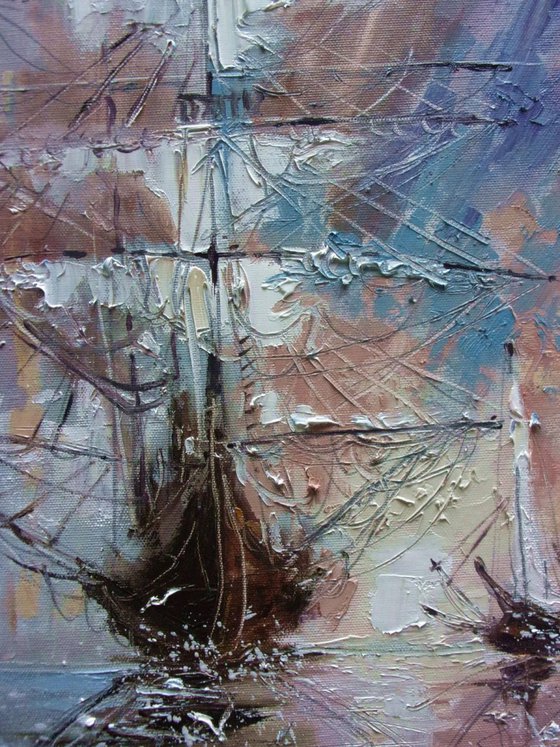 " THE FISHING  " SHIP BOAT SAIL original painting palette knife GIFT MODERN URBAN ART OFFICE ART DECOR HOME DECOR GIFT IDEA