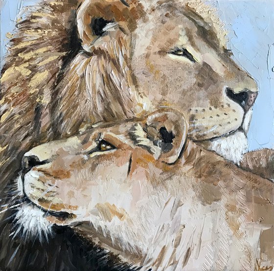 Animal painting Lion and Lioness impasto art 30x30cm