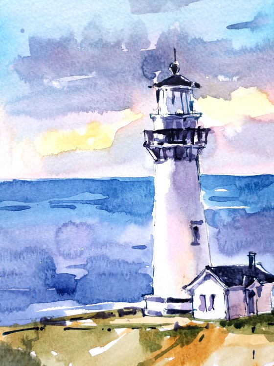 Architectural seascape "Sunset. Lighthouse" original watercolor artwork in square format