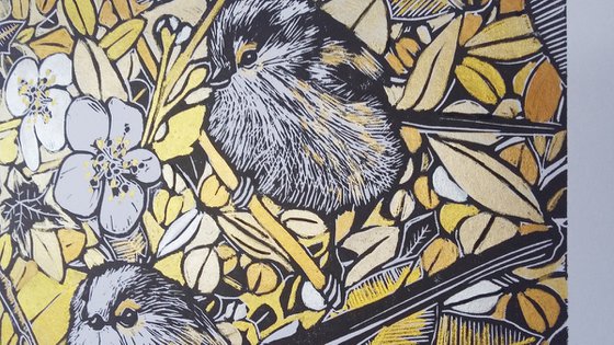 The hedgerow long tails - in golden watercolours - framed and ready to hang -(Aegithalos caudatus or long tailed tits)