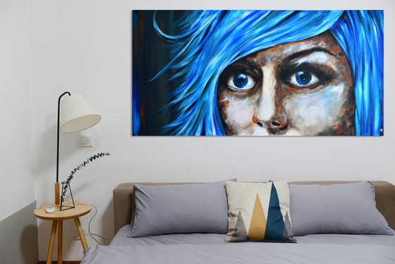 Blue Fear - XXL Original New Contemporary Art Painting Portrait on Large Canvas Ready to Hang