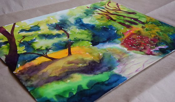 Blooming forest abstract landscape, original watercolor painting, Botanical garden