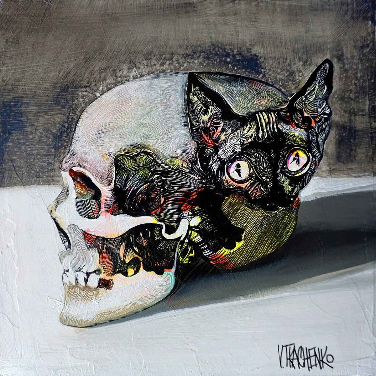 Organic Animal Acrylic Painting By Victor Tkachenko, 12 X 12", Shelter, Original Artwork