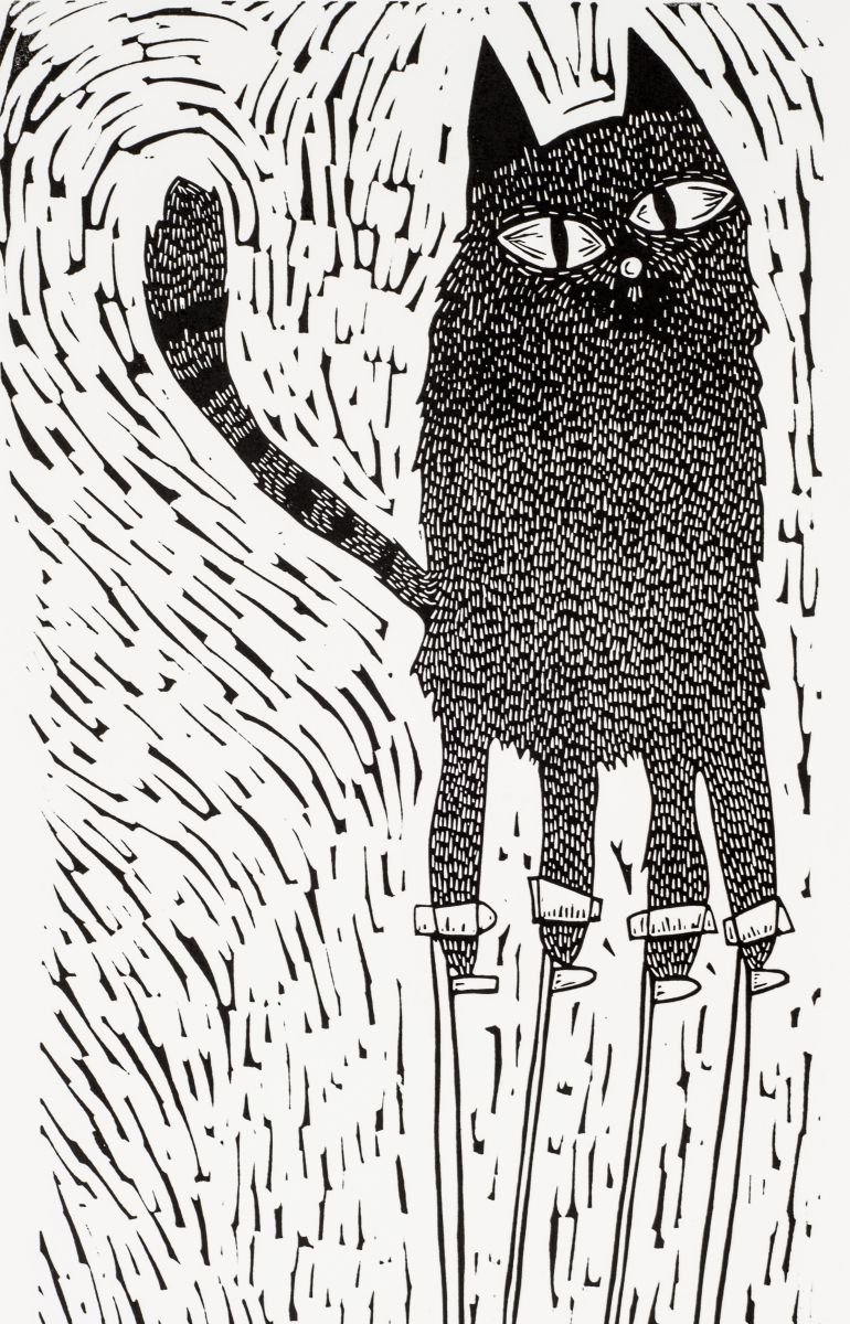 Big cat on stilts - lino cut print by Melanie Wickham