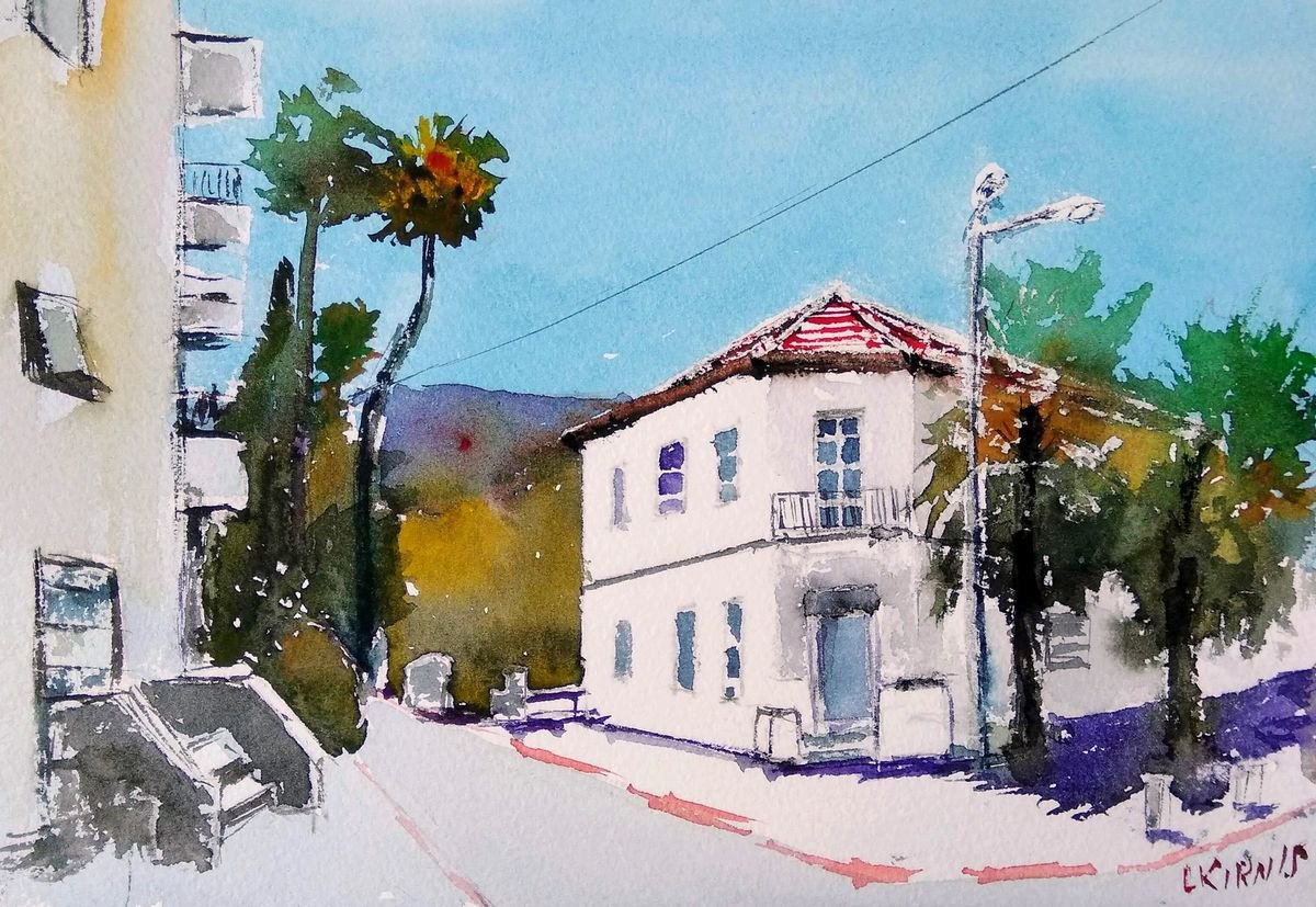 Impressionistic Cityscapes Watercolour By Leonid Kirnus, 12 X 8", The Sunny Street, Original Artwork