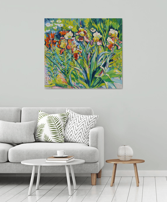 Irises and orange lilies
