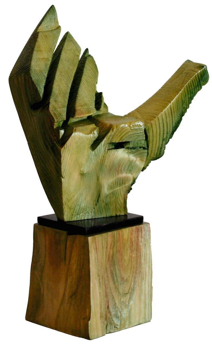 Expressive Portrait Wood Sculpture By Stevlin Yovchev, 8 X 14", "Palm", Original Artwork
