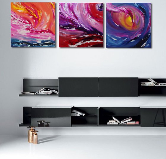 Fairy tale, Full Series  - Triptych n° 3 Paintings, Deep edges, Original abstract, oil on canvas