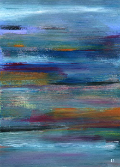 Blue acrylic abstract  painting on paper sea abstraction  with lines medium format gift idea by Irina Povaliaeva