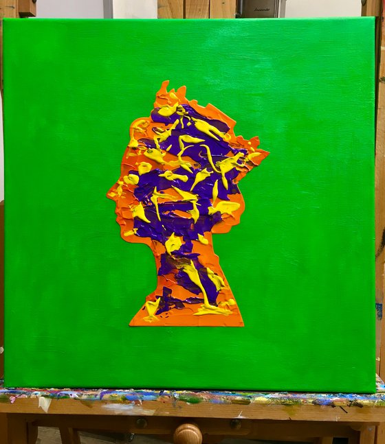 Queen #74 on yellow-green  orange and purple PAINTING INSPIRED BY QUEEN ELIZABETH PORTRAIT