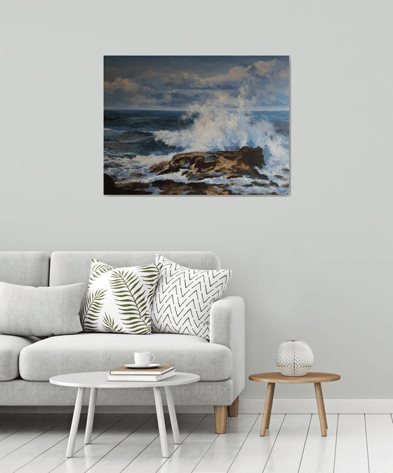 Sun on the ocean wave, original one of a kind acrylic on wide edges canvas seascape