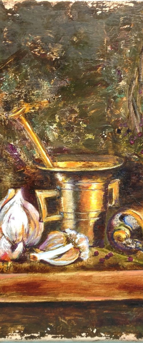 Garlic and a copper mortar by Liubov Samoilova