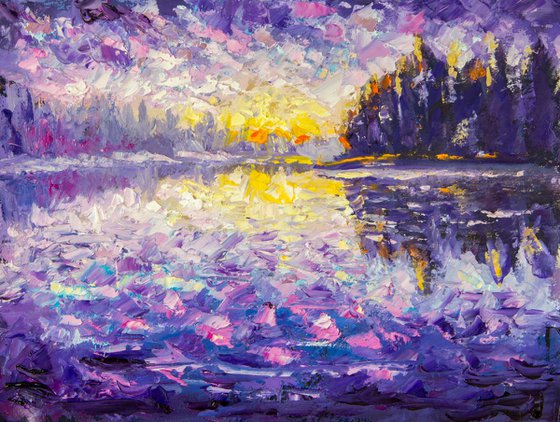 Impressionism palette knife oil painting on canvas Morning on the river. Sunrise on the water. Sunset over the river. Reflection in water. Rural landscape.