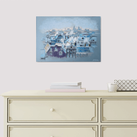 Flight over winter Amsterdam