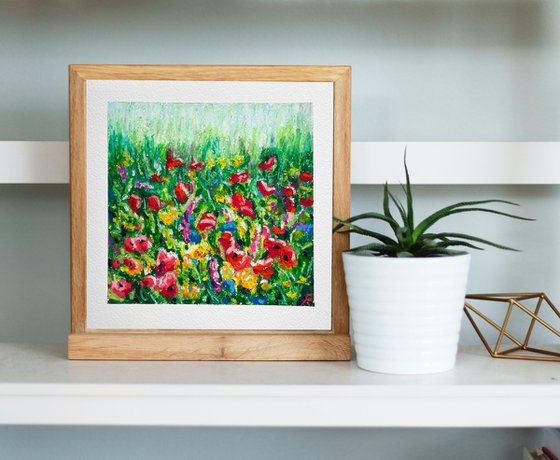 Flowers Original Oil Pastel Painting, Poppy Field Drawing, Cottagecore Decor, Gifts for Her, Floral Wall Art
