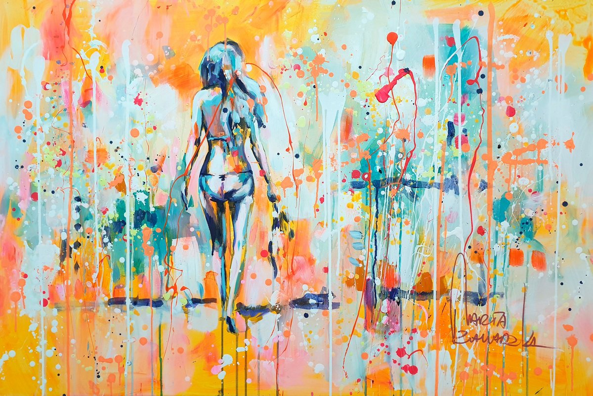 Impressionistic Portrait Acrylic Painting By Marta Zawadzka, 47 X 31", Windswept Dreams, Original Artwork