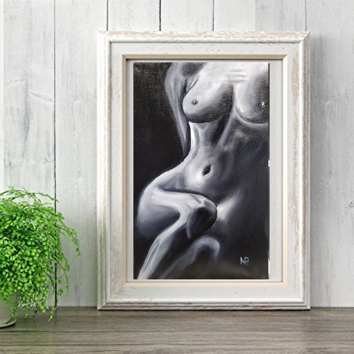 Morning, small nude erotic girl sitting oil painting, gift, bedroom painting by Nataliia Plakhotnyk