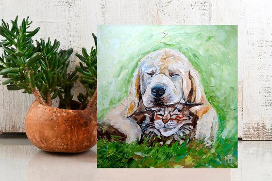 The friends, Dog And Cat Painting Pet Original Art Labrador Portrait Tabby Cat Artwork Funny Animal Wall Art