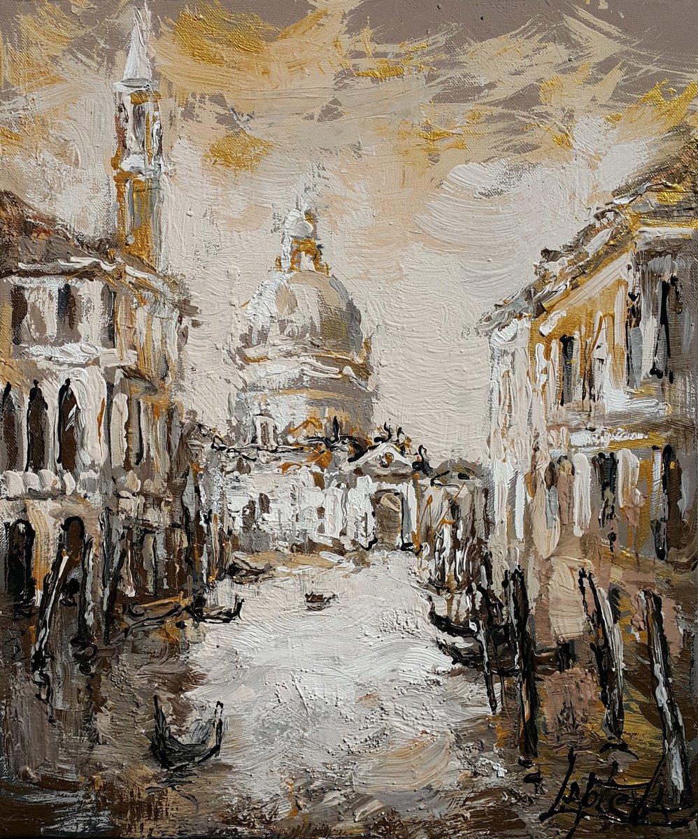Impressionistic Cityscapes Acrylic Painting By Viktoria Lapteva, 15 X 18", Golden Light Over Venice, Original Artwork