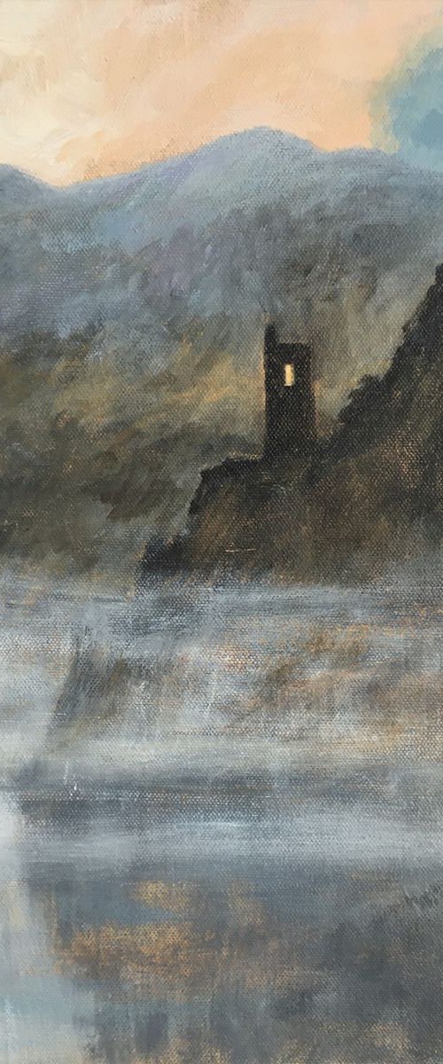 Castle in the Mist. Semi abstract classical landscape on canvas 40x30cm. by Jackie Smith