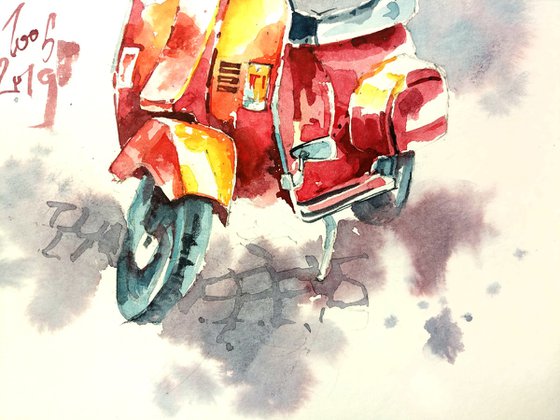 Watercolor sketch "Red moped" - series "Artist's Diary"