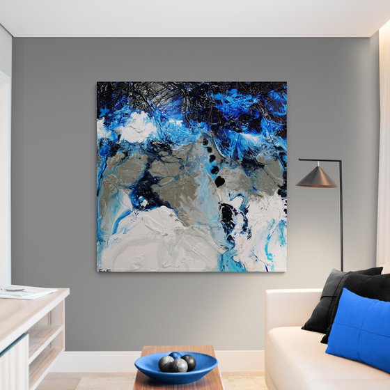 Blue Genetics 120cm x 120cm Blue White Textured Abstract Art