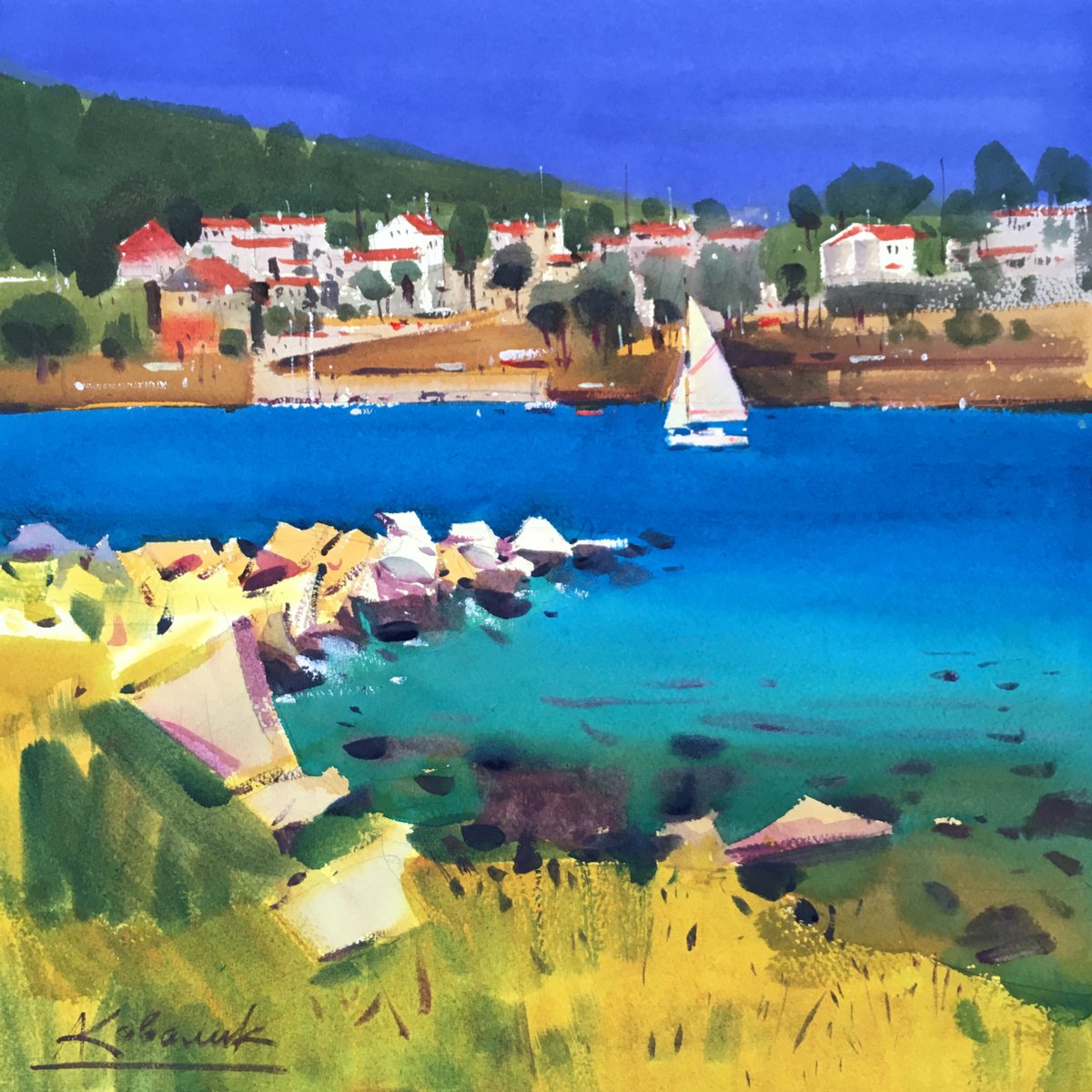 Impressionistic Landscape Watercolour By Andrii Kovalyk, 15 X 15, Magnificent Greece, Original Artwork