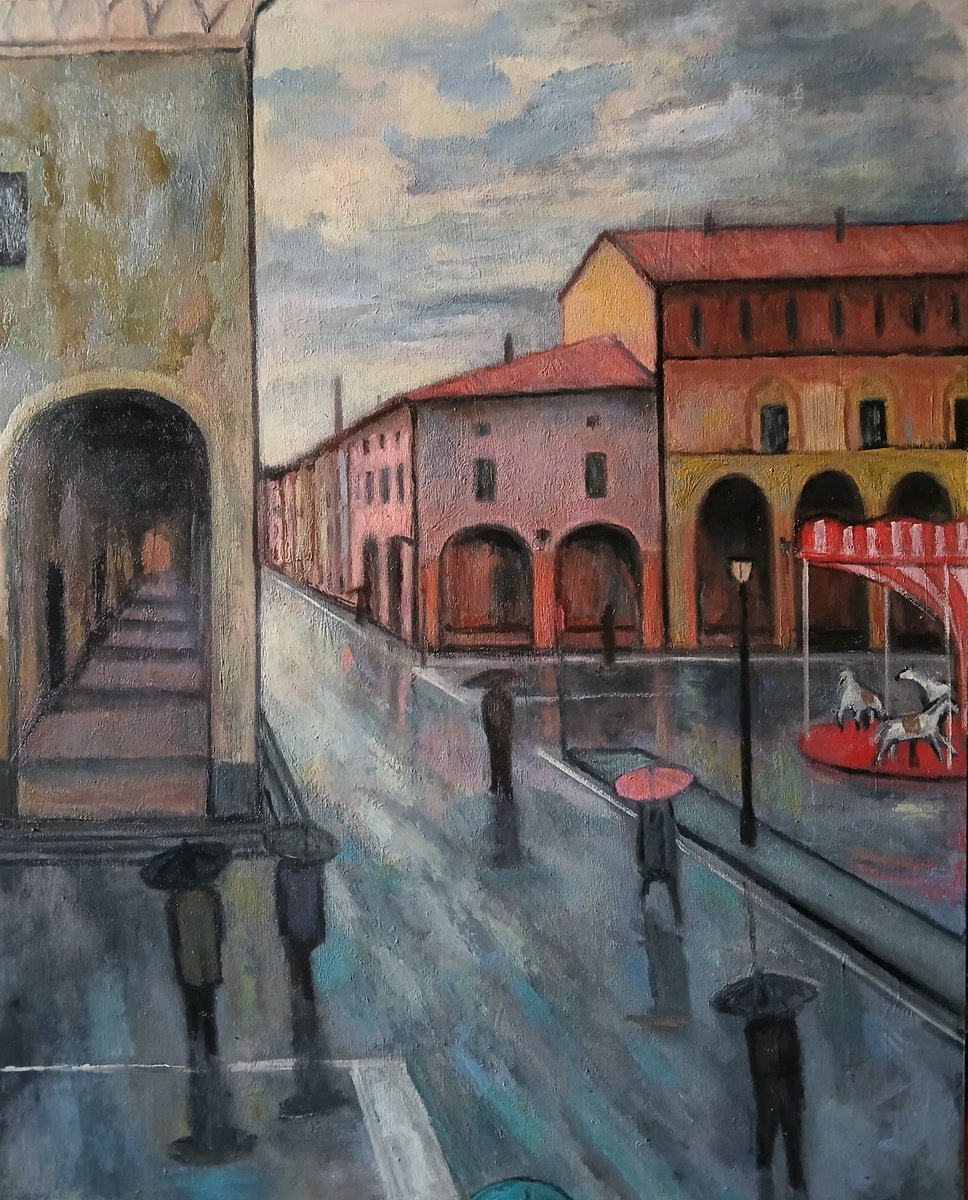 Cityscapes Oil Painting By Massimiliano Ligabue, 16 X 20", Afternoon Rain, Original Artwork