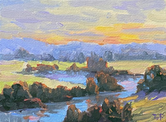 River Bend Sunset Miniature Oil Landscape