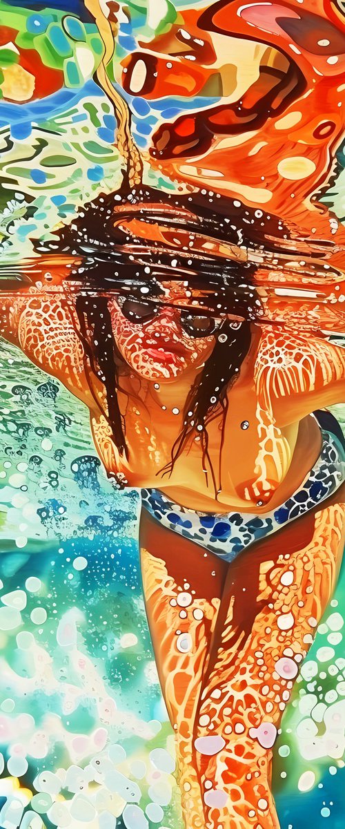 Nude woman under water in the swimming pool, sea, ocean with turquoise color waves with bright sun glares. Impressionistic artwork. Positive holiday bright wall art home decor. Art Gift by BAST