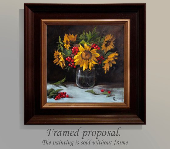 Rowan and sunflowers. 40x40 cm