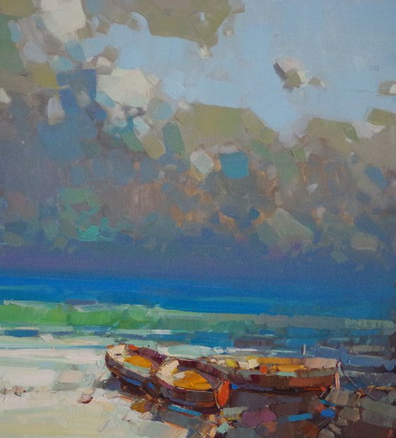 Fishing Boats, Seascape Original oil painting by Palette Knife, Handmade artwork, One of a kind Signed with Certificate of Authenticity