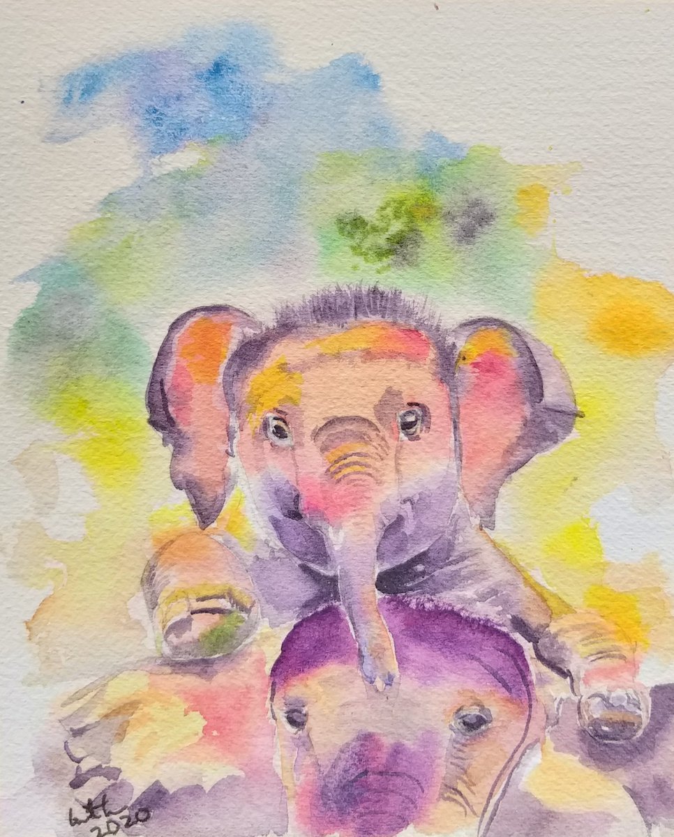 Baby Elephants, animal, gift, animals watercolor painting by Geeta Yerra