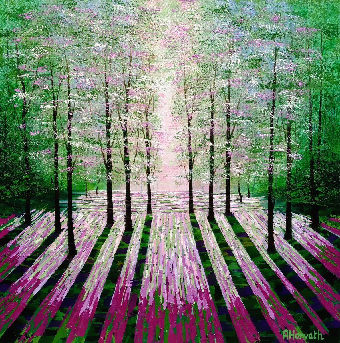 Impressionistic Botanical Acrylic Painting By Amanda Horvath, 24 X 24, Rose And Willow Herb Wood, Original Artwork