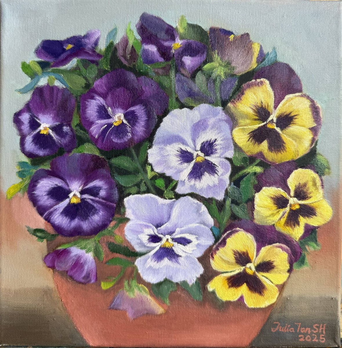 Impressionistic Still Life Oil Painting By Julia Tan Sh, 10 X 10", A Pot Of Pansies, Original Artwork
