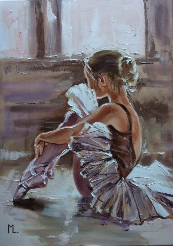 " LITTLE BALLERINA "- dancer liGHt ballet ORIGINAL OIL PAINTING, GIFT, PALETTE KNIFE