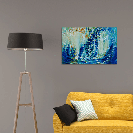 Abstract Landscape Painting "Magic Forest". Floral Abstract Tropical Flowers and Birds. Original Blue Teal Green Painting on Canvas. Modern Impressionism Art