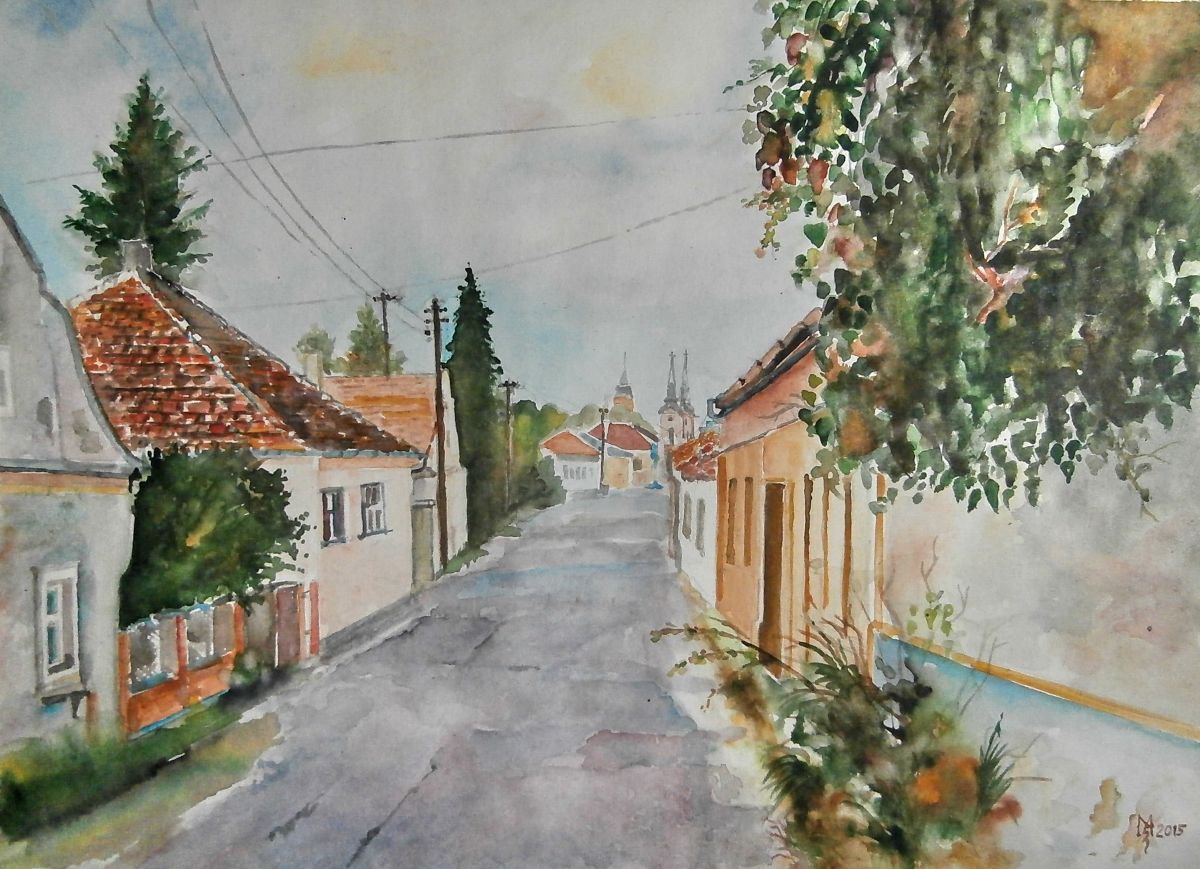 Impressionistic Cityscapes Watercolour By Zoran Mihajlovic Muza, 15 X 11", Village Street, Original Artwork