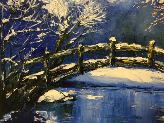 ARTIST'S DREAM - River. Evening. The park. Bridge. Winter evening. Snowy forest. Snowfall. Trees.