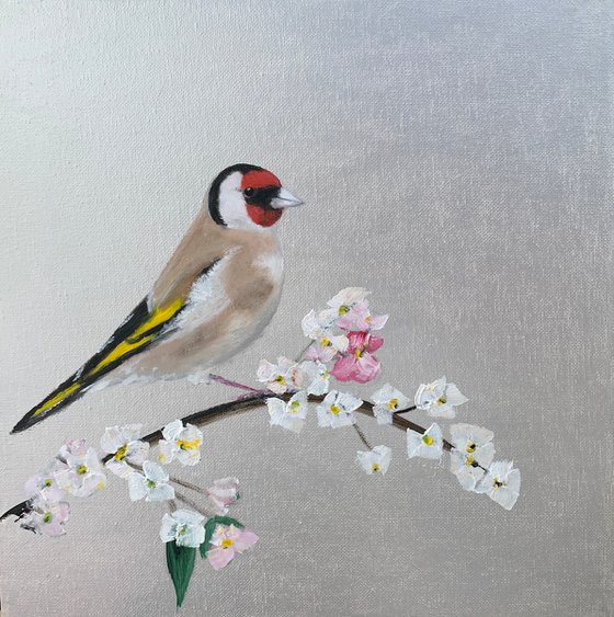 Goldfinch and Cherry Blossom on Silver