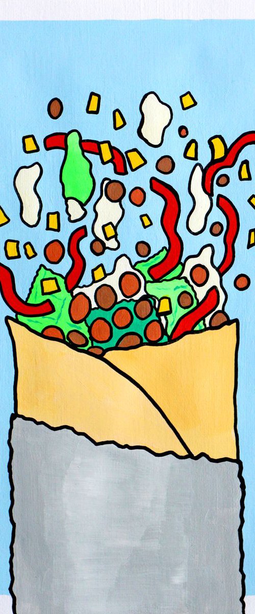 Exploding Burrito Mexican Food Pop Art Painting On A4 Unframed Paper by Ian Viggars