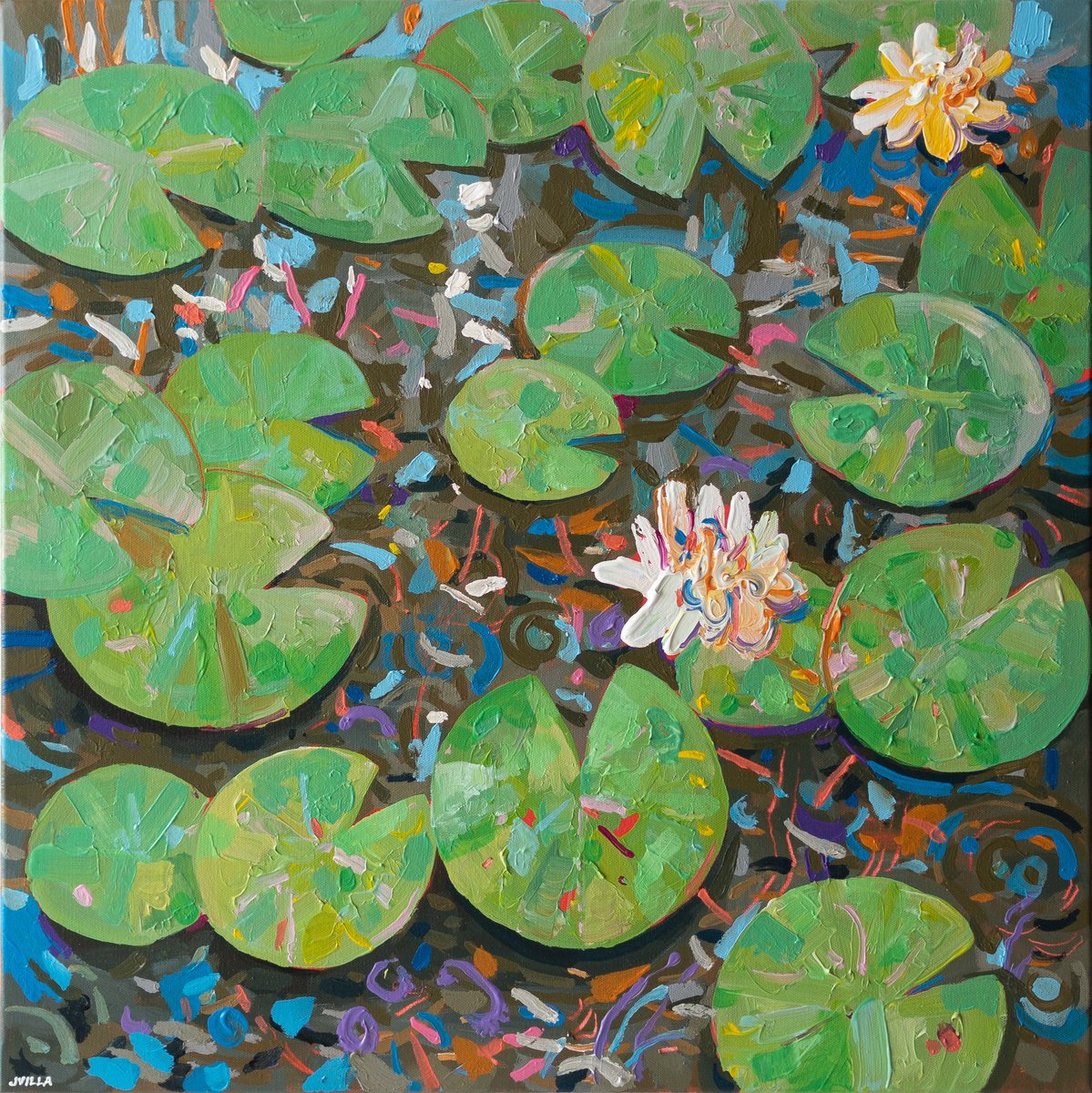 Impressionistic Botanical Acrylic Painting By Joseph Villanueva, 24 X 24", Tasman Lily Pond 53, Original Artwork