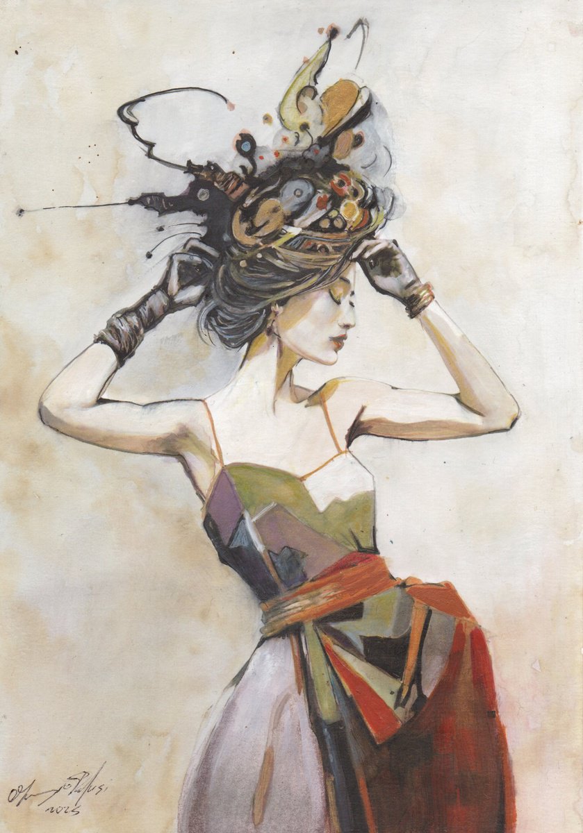 Impressionistic Portrait Ink Drawing By Maurizio Puglisi, 8 X 11", A New Hat, Original Artwork