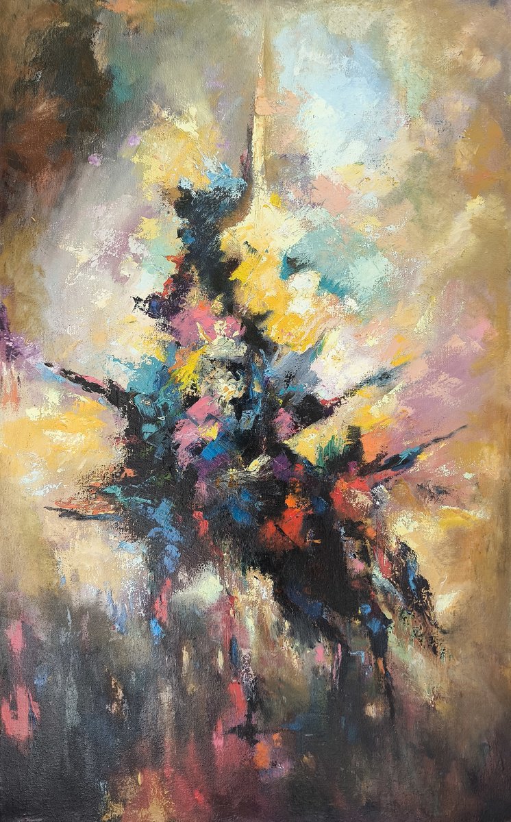 Abstract Oil Painting By Arto Mkrtchyan, 20 X 31, Energetic Burst, Original Artwork