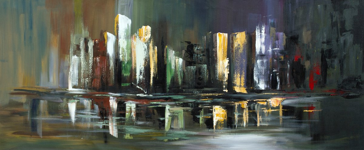 Urban And Pop Cityscapes Acrylic Painting By Madhav Singh, 75 X 33", Glorious Skyline 4, Original Artwork