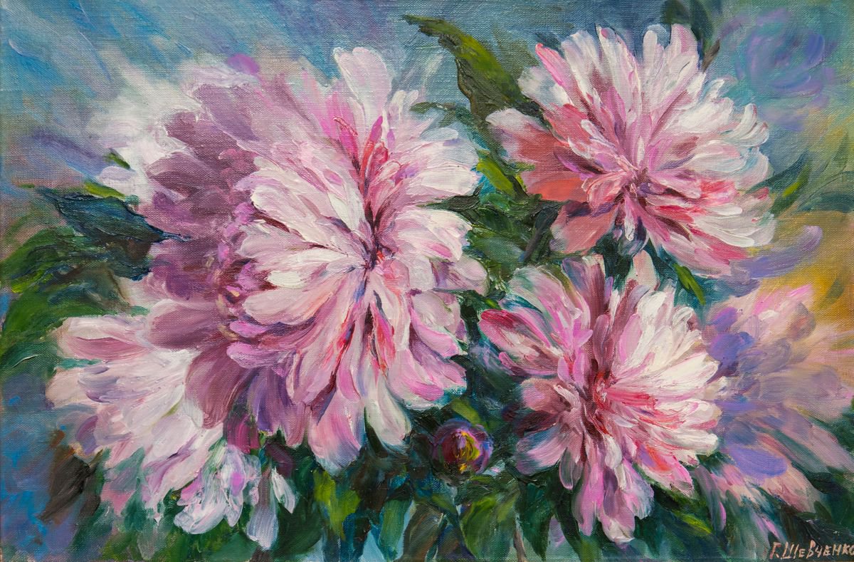 Impressionistic Botanical Oil Painting By Galyna Shevchencko, 24 X 16, Beautiful Peonies, Original Artwork