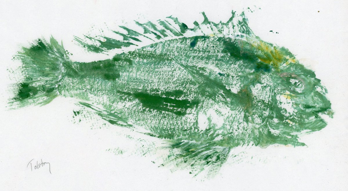 Impressionistic Animal Painting By Alex Tolstoy, 14 X 8, Gyotaku Green Fish, Original Artwork
