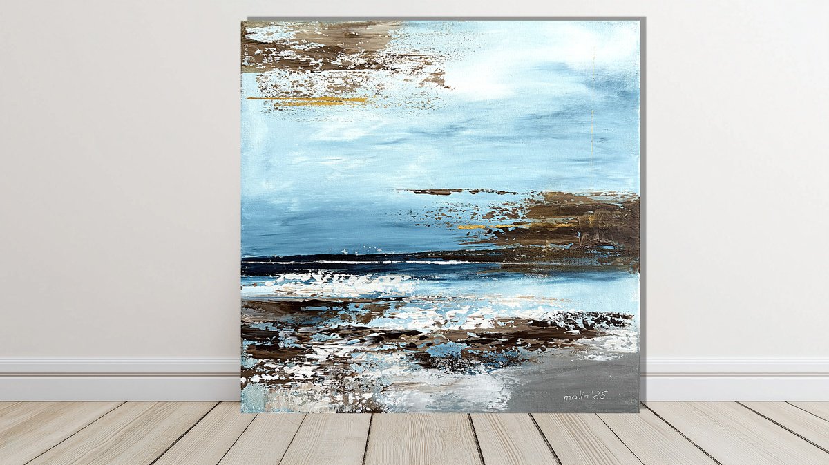 Organic Landscape Acrylic Painting By Tatiana Malinovscaia, 16 X 16", Coastal Breeze Blue Tones, Original Artwork